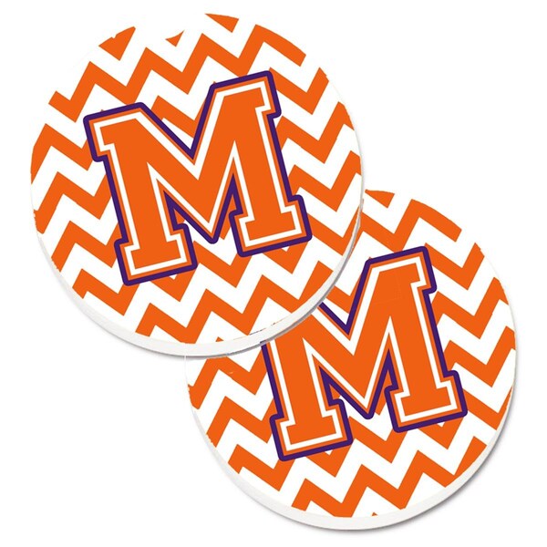 Carolines Treasures Letter M Chevron Orange and Regalia Set of 2 Cup Holder Car Coaster CJ1062-MCARC - main